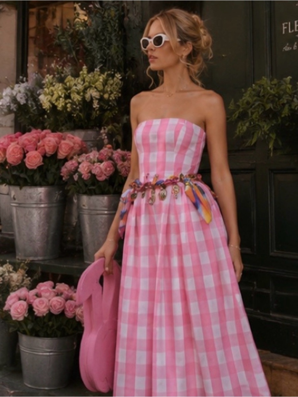 BNWOT Zara x Barbie Movie Strapless Gingham Midi Dress - Picture 4 of 9